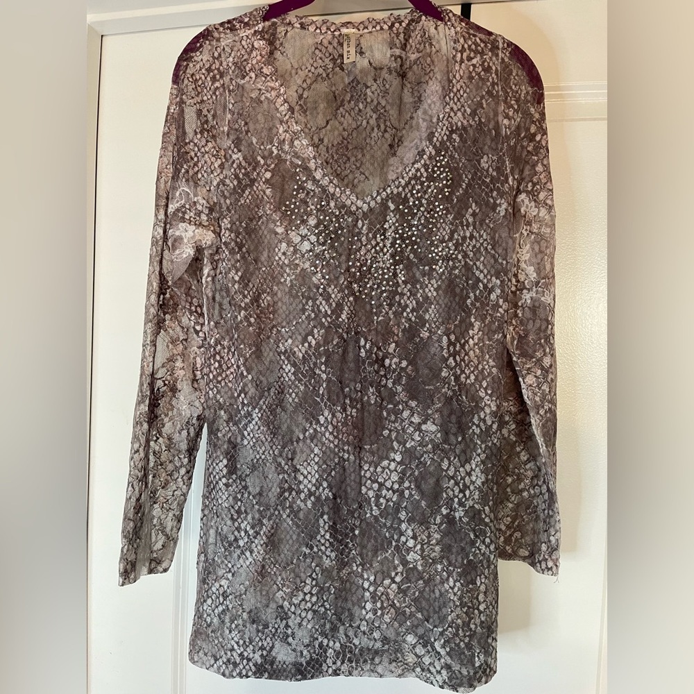 Urban Mix Snake Print Sheer Long Sleeve Beaded Top. Size 1XL